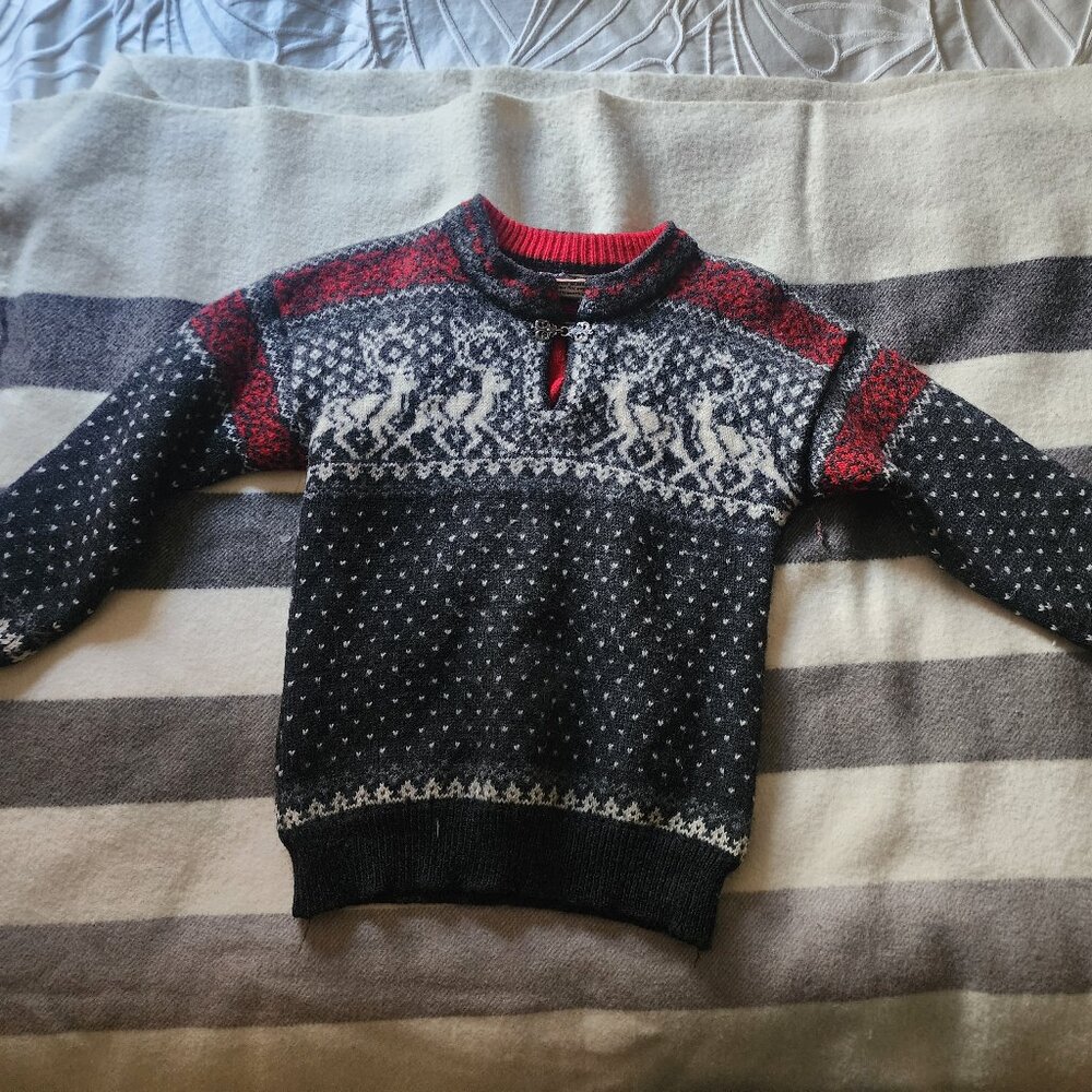 Dale of Norway Navy, Red, and White Nordic Reindeer Wool Sweater